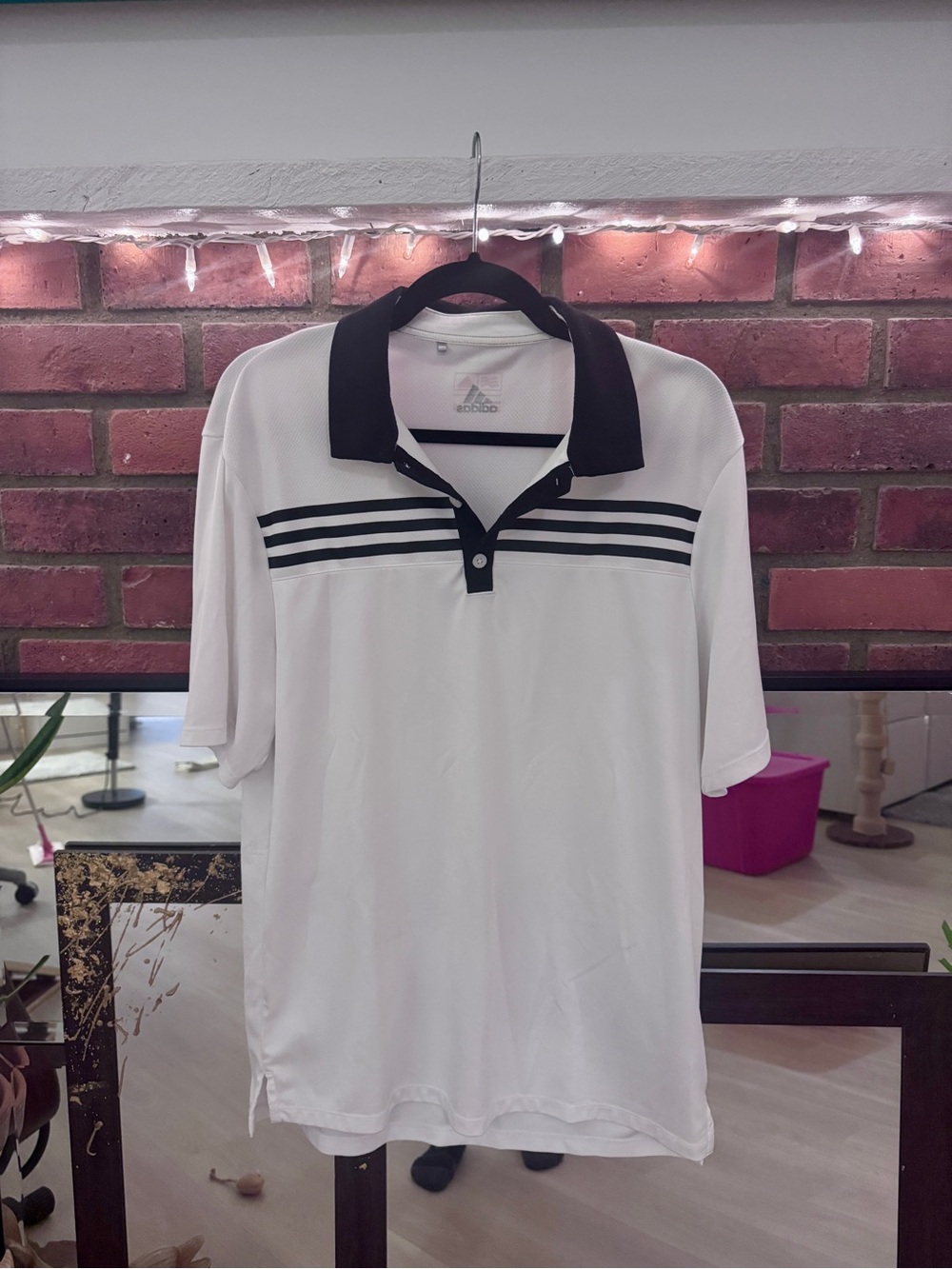 adidas White Polo Shirt with Black Collar and Chest Stripes